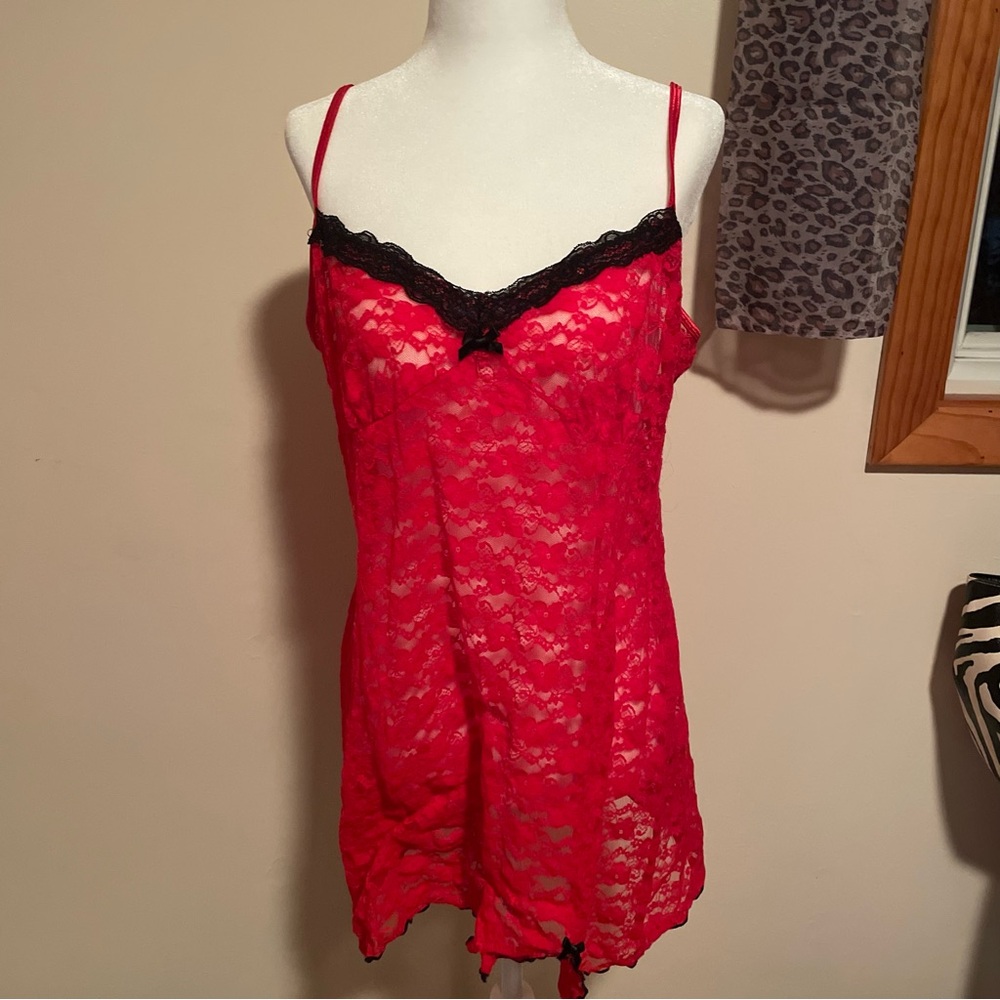 Elegant Red Lace Chemise with Black Trim